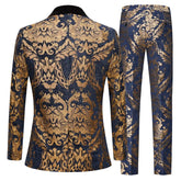 Men Suits Gold Pattern and Navy Blue Groom Tuxedos Shawl Satin Lapel Groomsmen Wedding Best Man 2PCS ( Jacket+Pants)